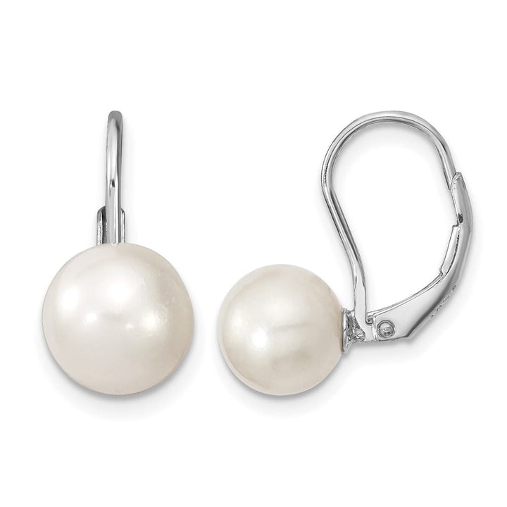 Sterling Silver 8-9mm White Round Freshwater Pearl Leverback Earrings, view 1 of 4