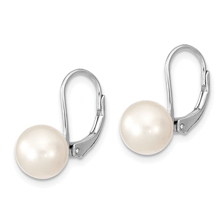 Sterling Silver 8-9mm White Round Freshwater Pearl Leverback Earrings, view 2 of 4