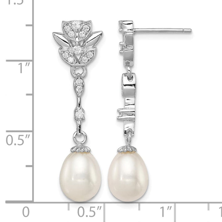Sterling Silver 8-9mm White Teardrop Pearl and CZ Post Dangle Earrings, view 4 of 4
