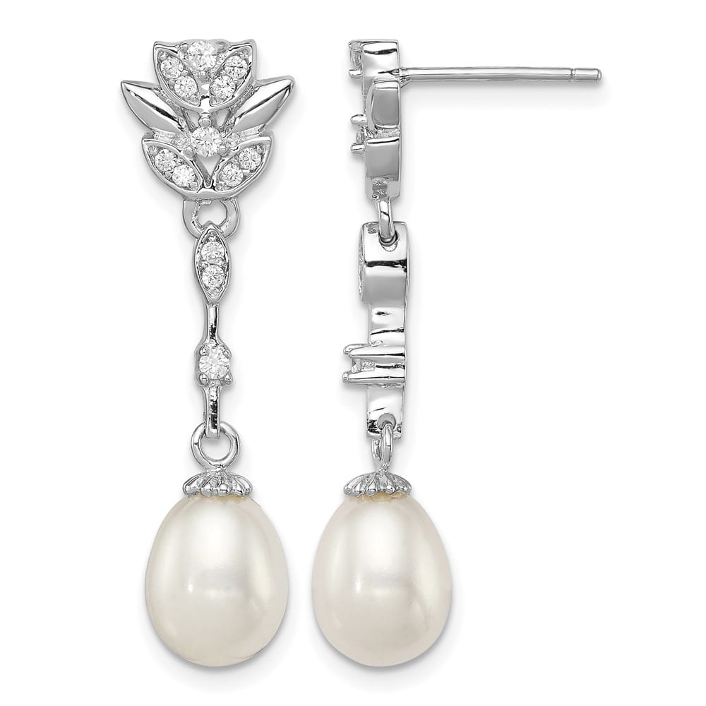 Sterling Silver 8-9mm White Teardrop Pearl and CZ Post Dangle Earrings, view 1 of 4