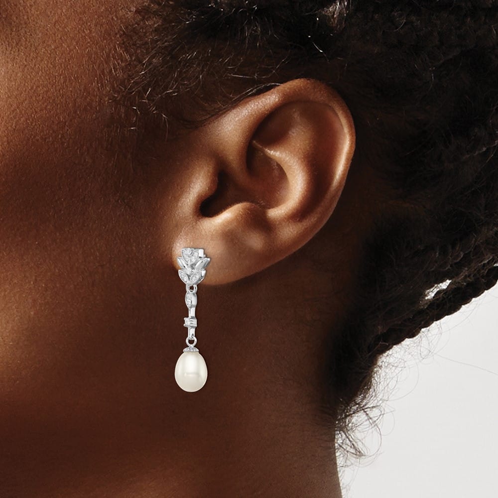 Sterling Silver 8-9mm White Teardrop Pearl and CZ Post Dangle Earrings, view 3 of 4