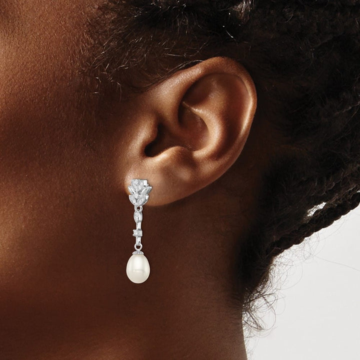 Sterling Silver 8-9mm White Teardrop Pearl and CZ Post Dangle Earrings, view 3 of 4