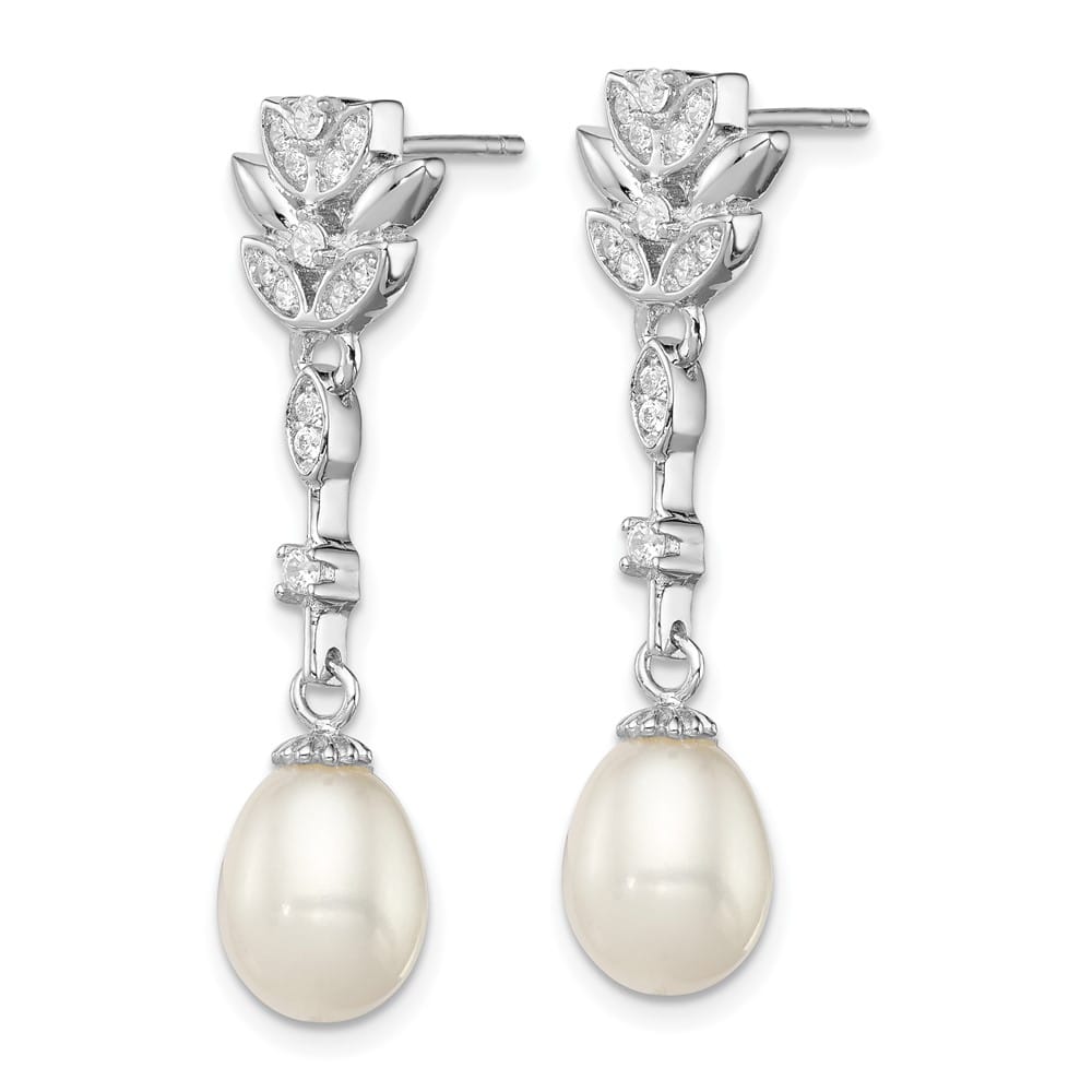 Sterling Silver 8-9mm White Teardrop Pearl and CZ Post Dangle Earrings, view 2 of 4