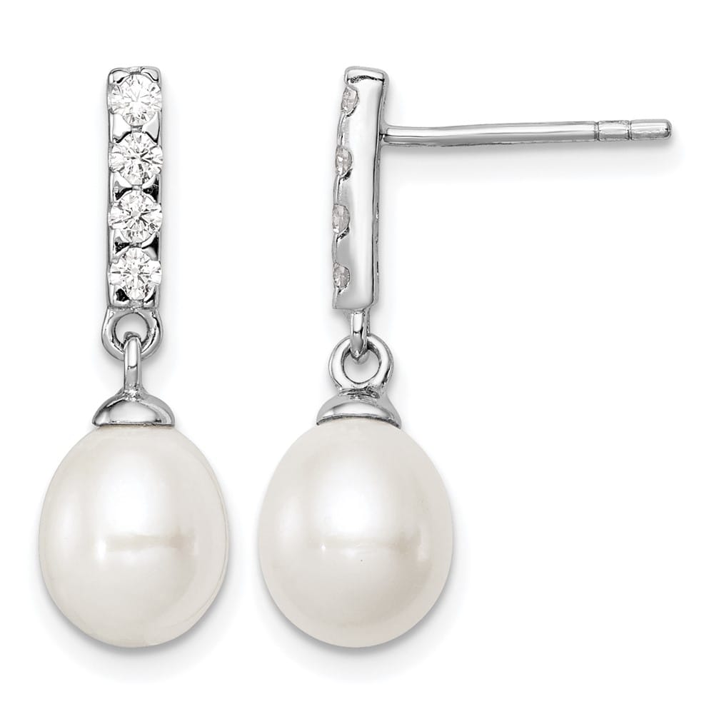 Sterling Silver 8-9mm White Teardrop Pearl and CZ Post Earrings, view 1 of 4