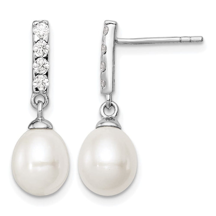Sterling Silver 8-9mm White Teardrop Pearl and CZ Post Earrings, view 1 of 4