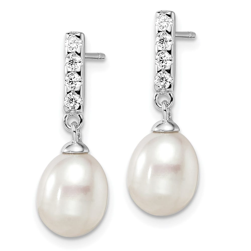Sterling Silver 8-9mm White Teardrop Pearl and CZ Post Earrings, view 2 of 4