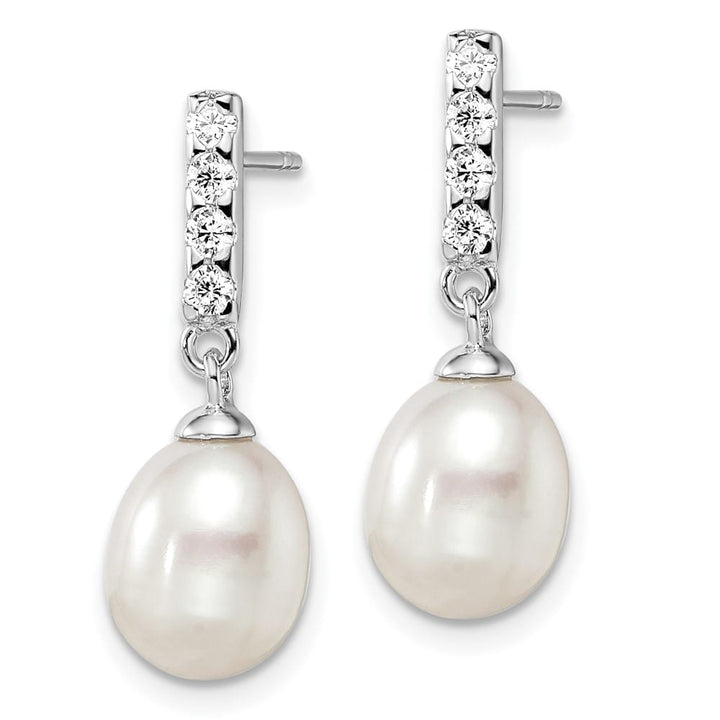 Sterling Silver 8-9mm White Teardrop Pearl and CZ Post Earrings, view 2 of 4