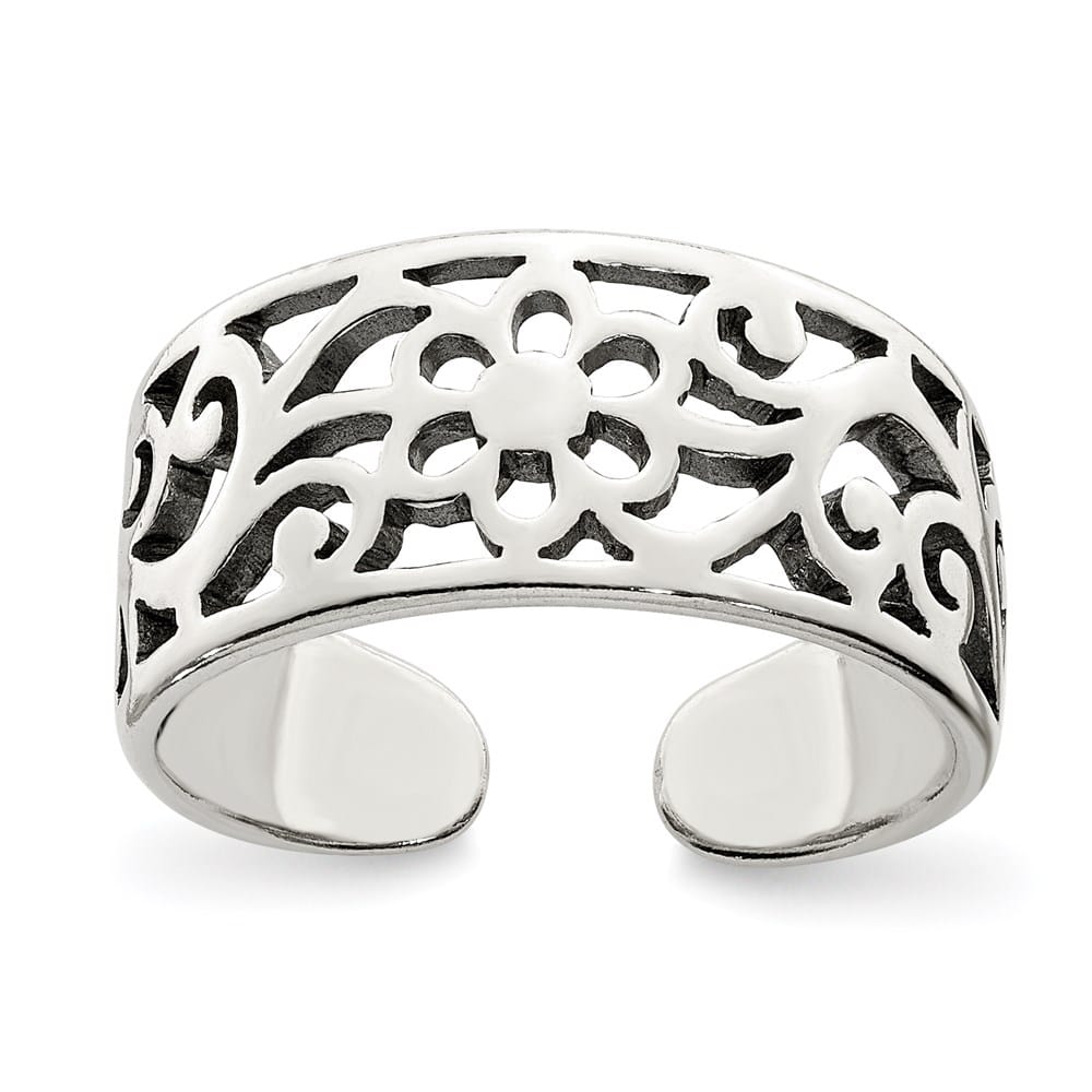 Sterling Silver 8 mm Antiqued Floral Toe Ring