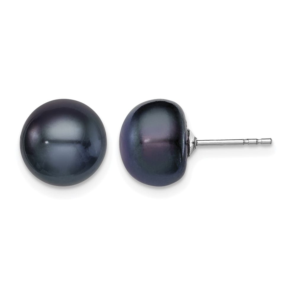 Sterling Silver 9-10mm Black Button Freshwater Pearl Post Earrings, view 1 of 4