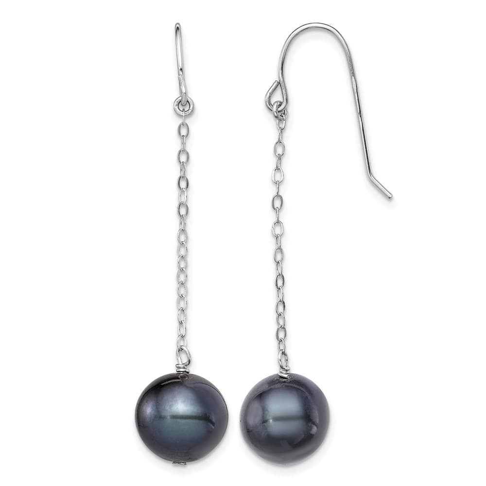 Sterling Silver 9-10mm Black Round Freshwater Pearl Dangle Earrings, view 1 of 4