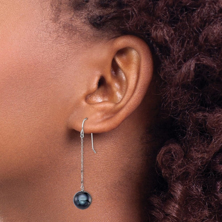 Sterling Silver 9-10mm Black Round Freshwater Pearl Dangle Earrings, view 3 of 4