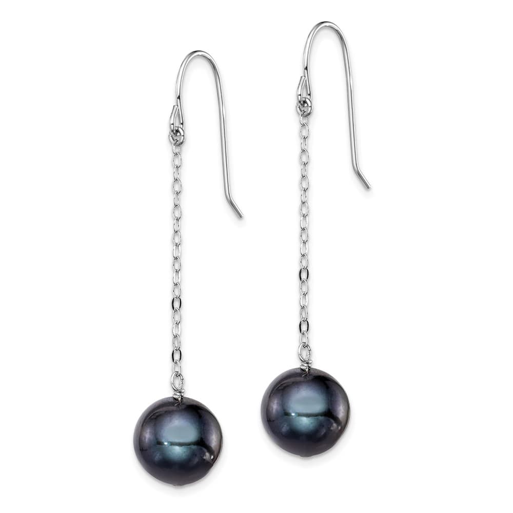 Sterling Silver 9-10mm Black Round Freshwater Pearl Dangle Earrings, view 2 of 4
