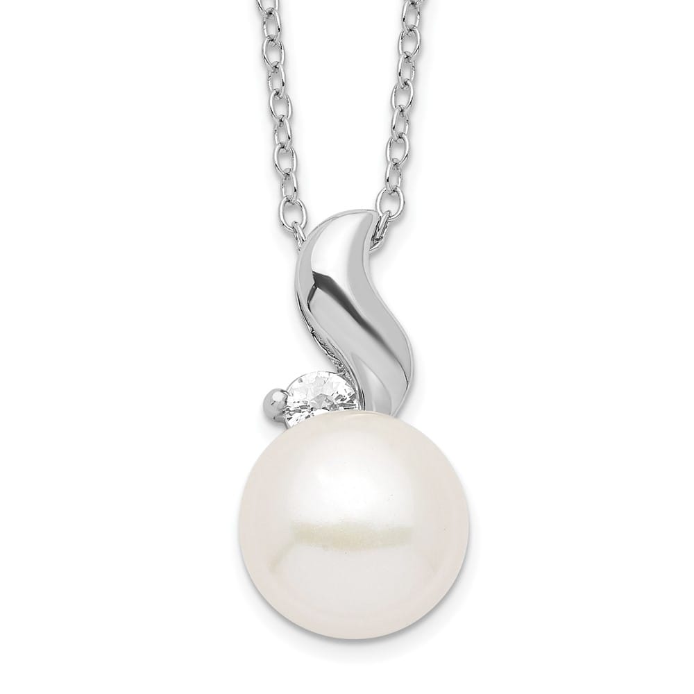 Sterling Silver 9-10mm White Cultured Pearl and CZ 17 inch Necklace