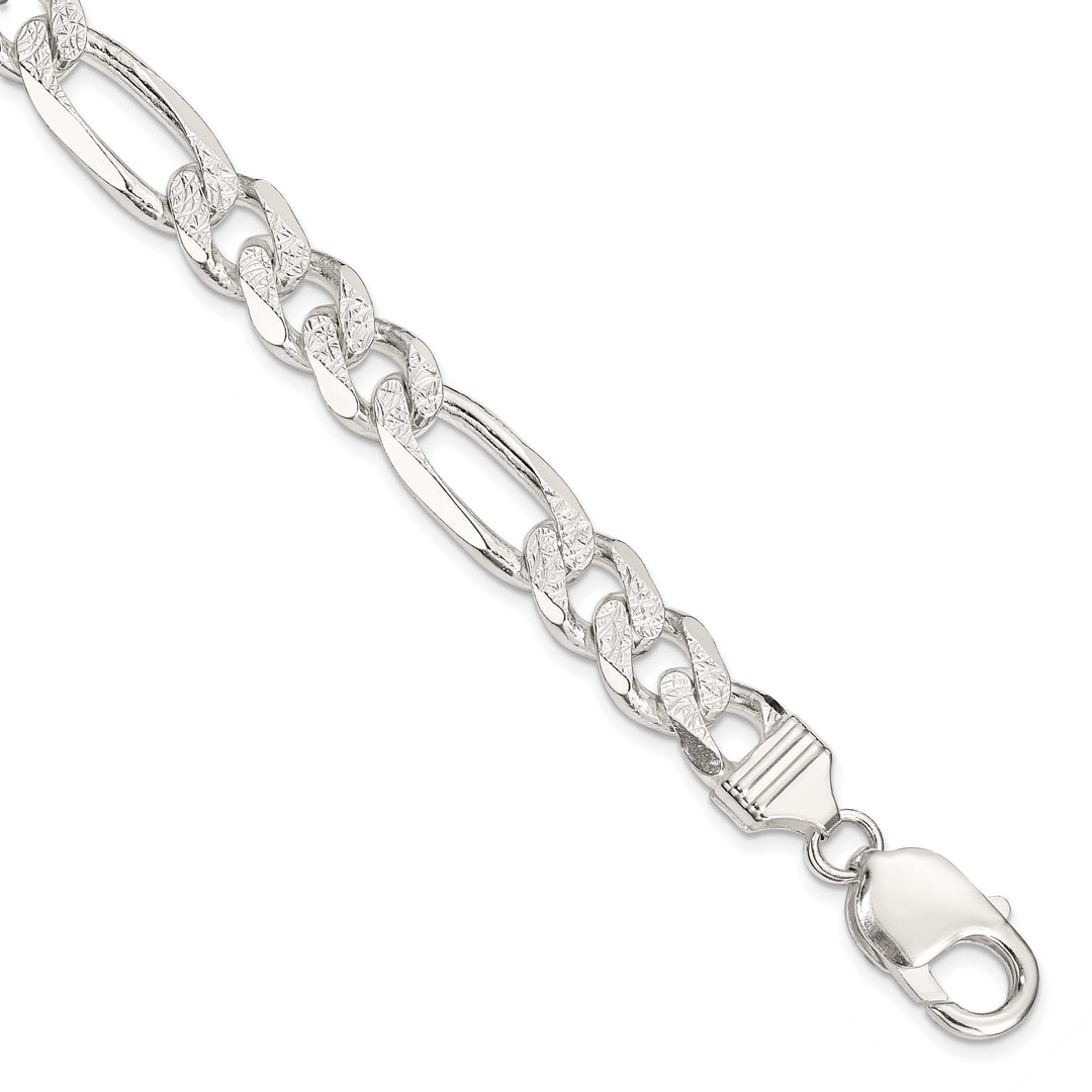 Sterling Silver 9.5mm Pave Flat Figaro Bracelet 8 Inch