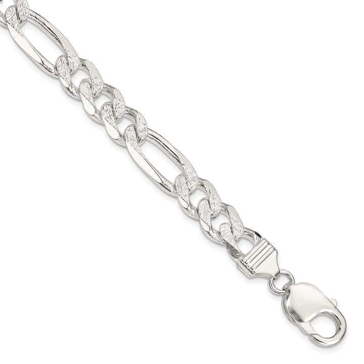 Sterling Silver 9.5mm Pave Flat Figaro Bracelet 8 Inch