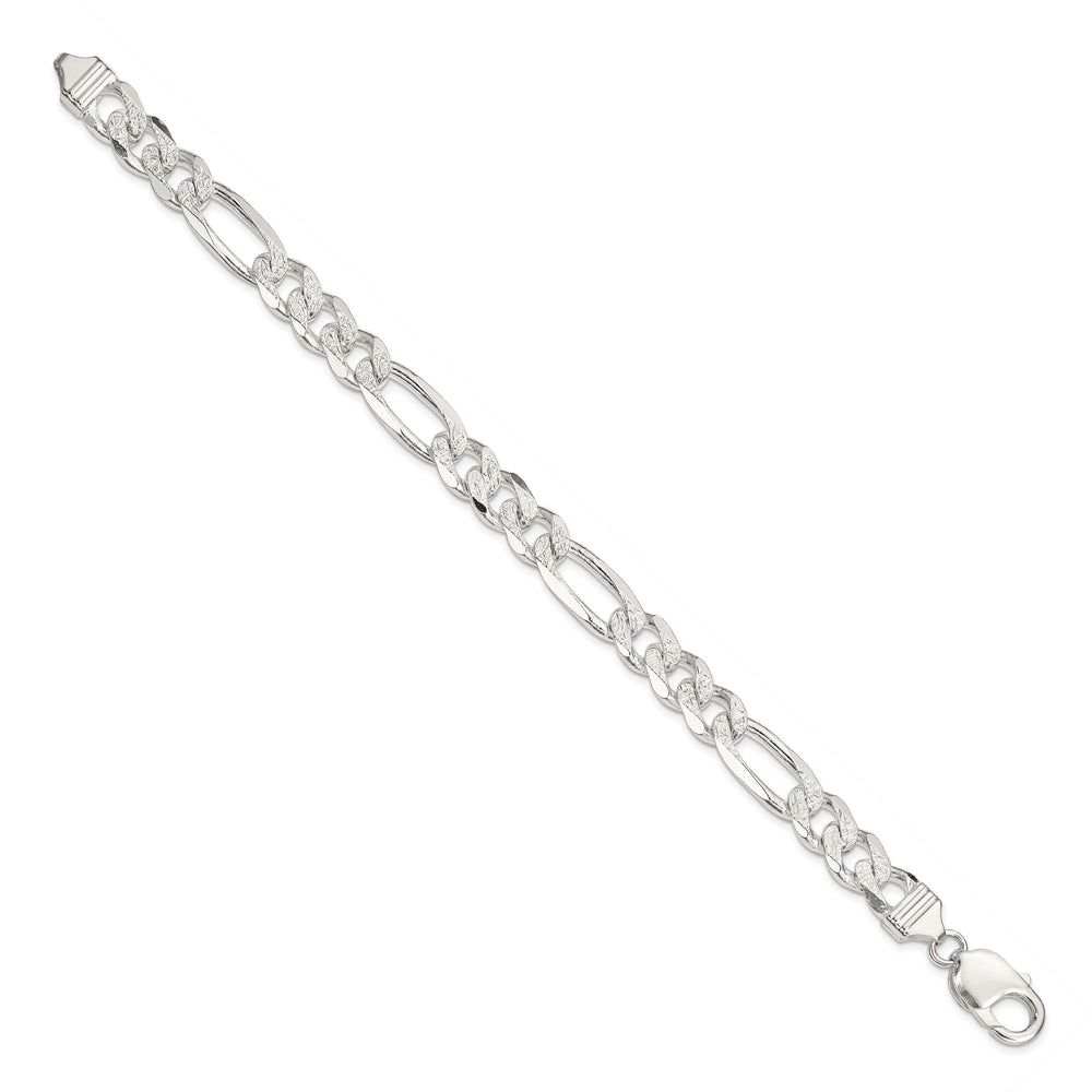 Sterling Silver 9.5mm Pave Flat Figaro Bracelet 8 Inch