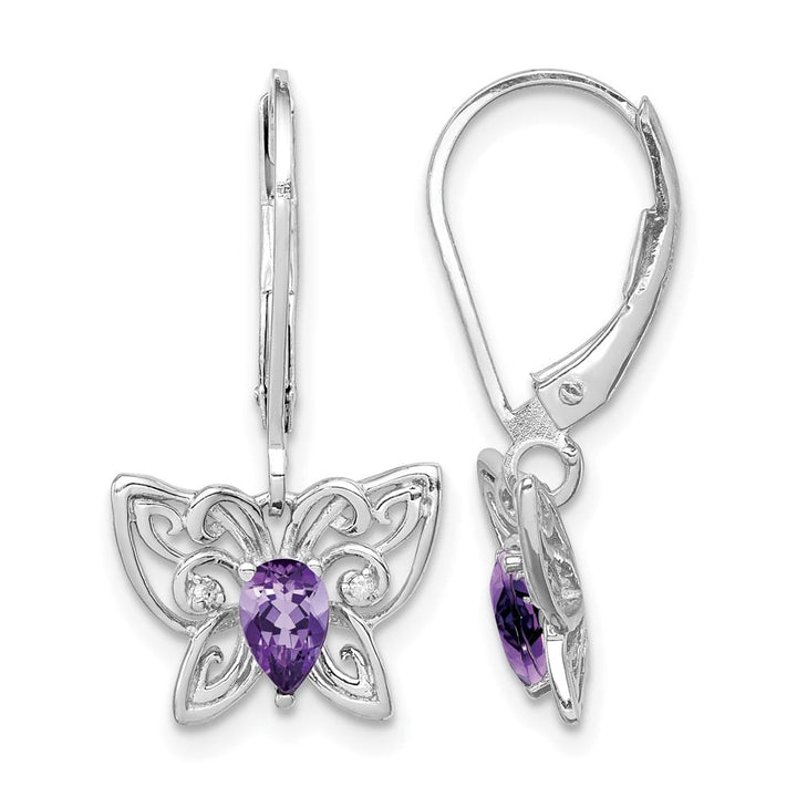 Sterling Silver Amethyst and Diamond Butterfly 23 x 12 mm Earrings, view 1 of 4