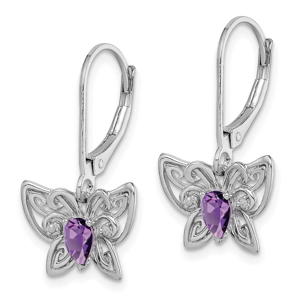 Sterling Silver Amethyst and Diamond Butterfly 23 x 12 mm Earrings, view 2 of 4