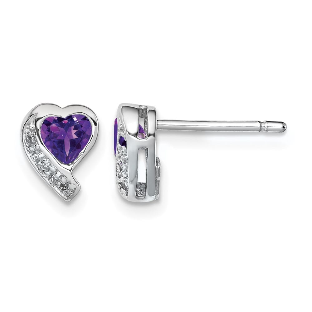 Sterling Silver Amethyst and Diamond Heart Earrings, view 1 of 4