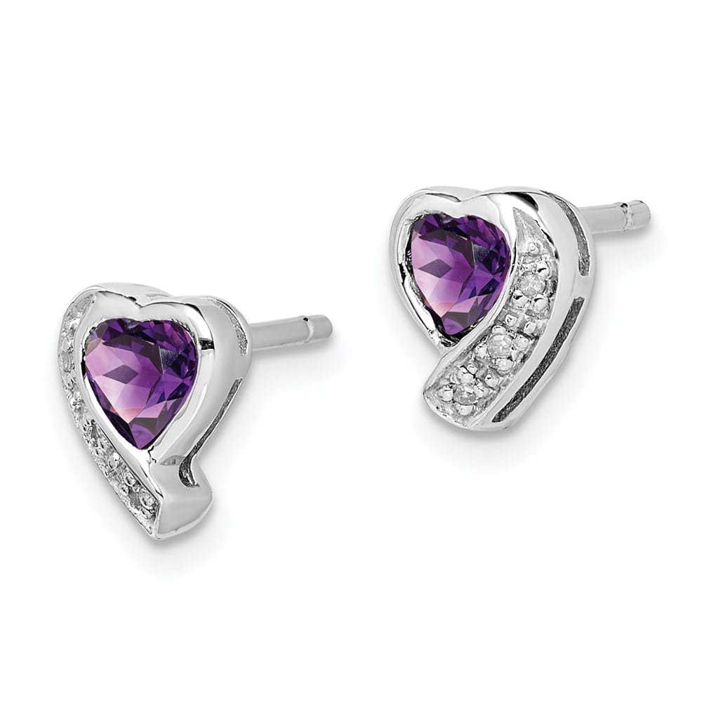 Sterling Silver Amethyst and Diamond Heart Earrings, view 2 of 4
