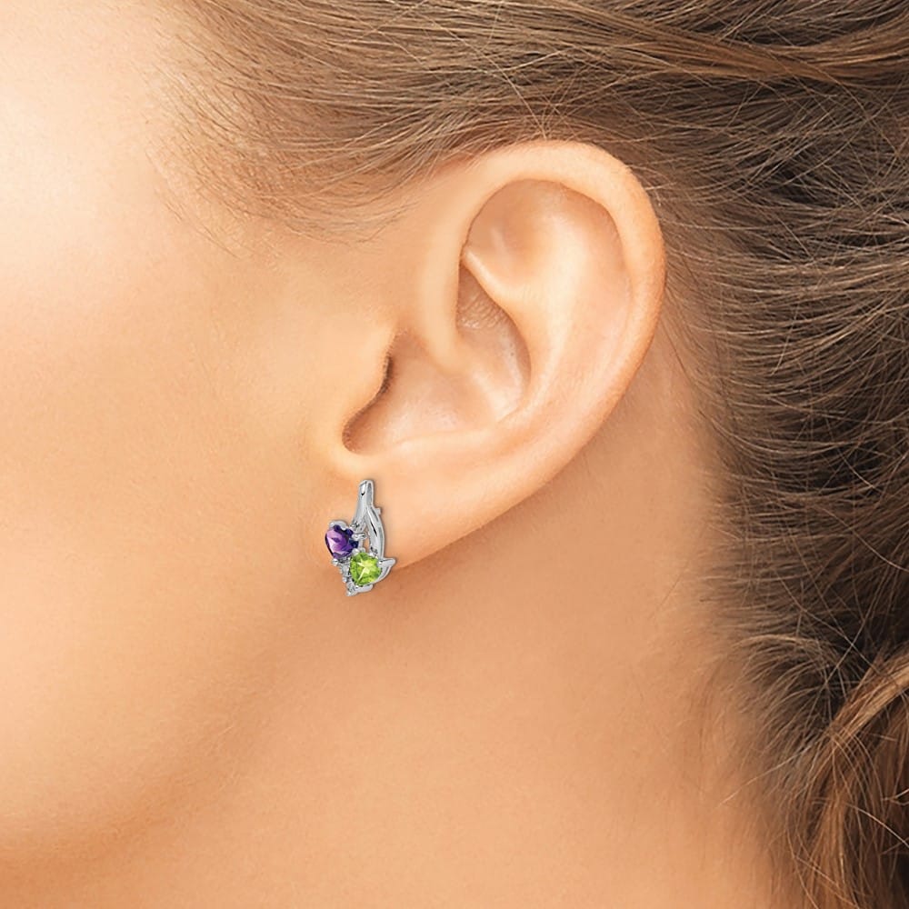 Sterling Silver Amethyst Peridot Diamond Earrings, view 3 of 4