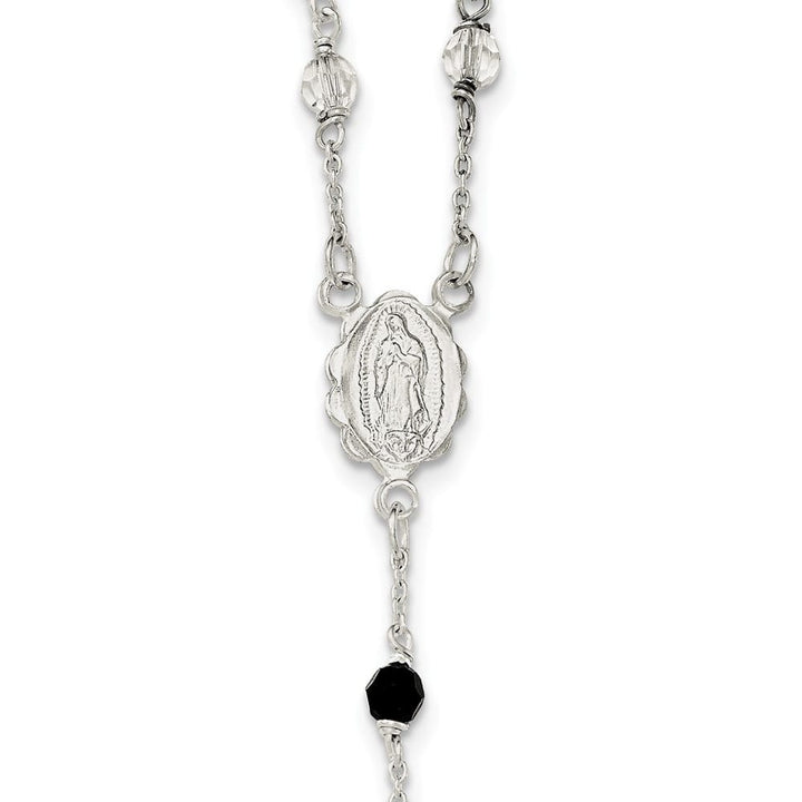 Sterling Silver and Black Crystal Bead Rosary 23.5 Inch Necklace
