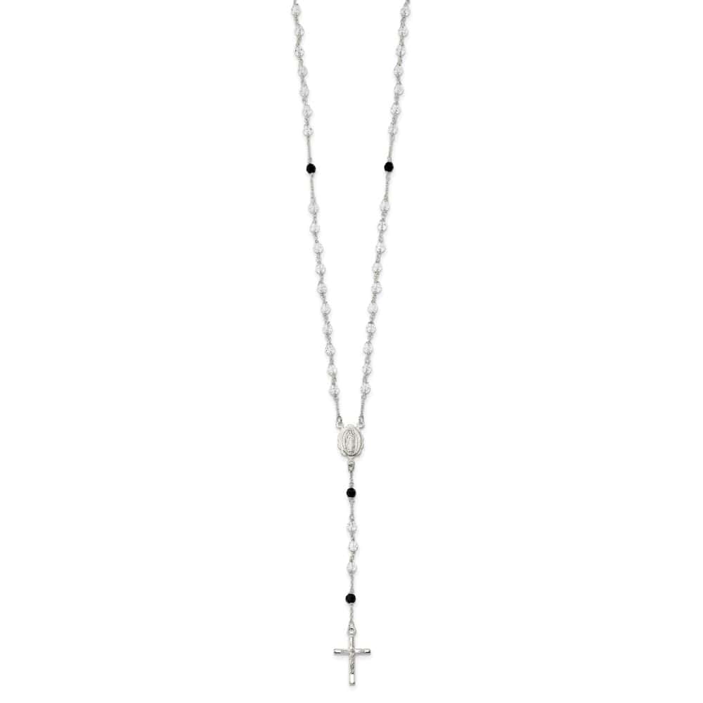 Sterling Silver and Black Crystal Bead Rosary 23.5 Inch Necklace