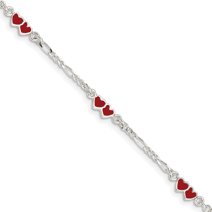 Sterling Silver and Red Enameled Double Heart Children's Bracelet