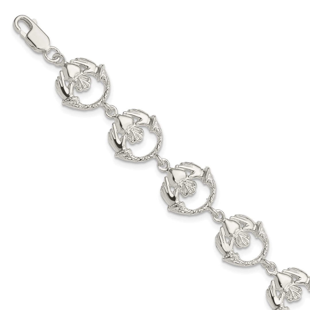 Sterling Silver and Textured Claddagh Link Bracelet 7 Inch