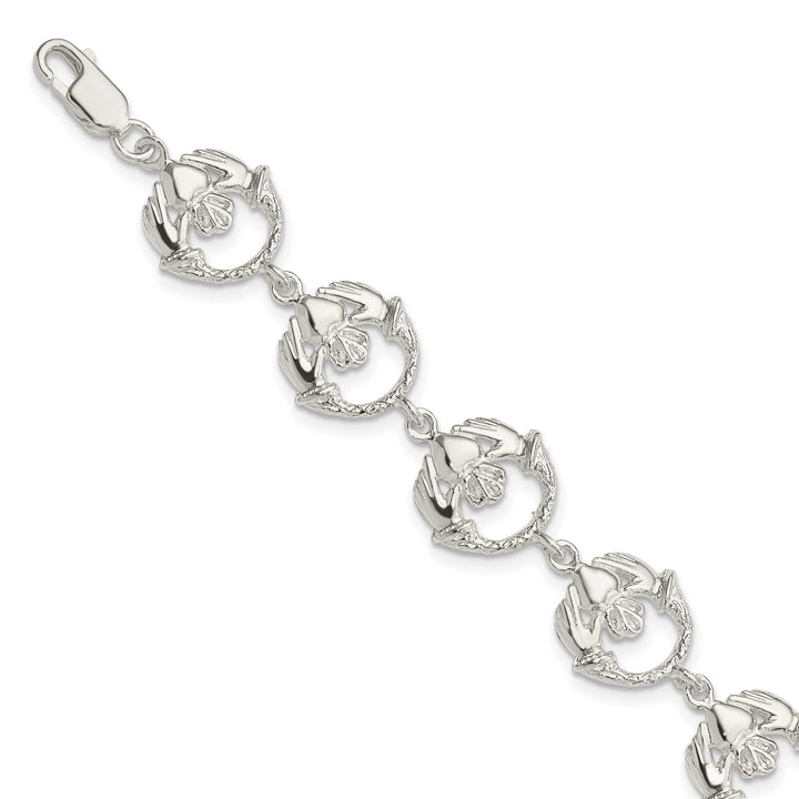 Sterling Silver and Textured Claddagh Link Bracelet 7 Inch