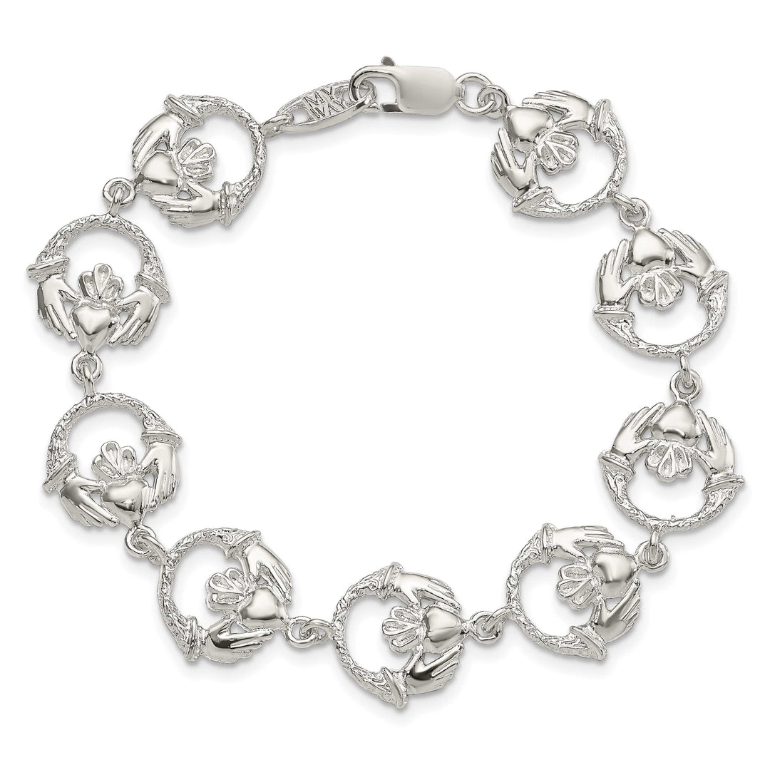 Sterling Silver and Textured Claddagh Link Bracelet 7 Inch