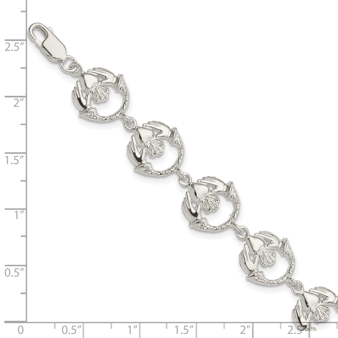 Sterling Silver and Textured Claddagh Link Bracelet 7 Inch