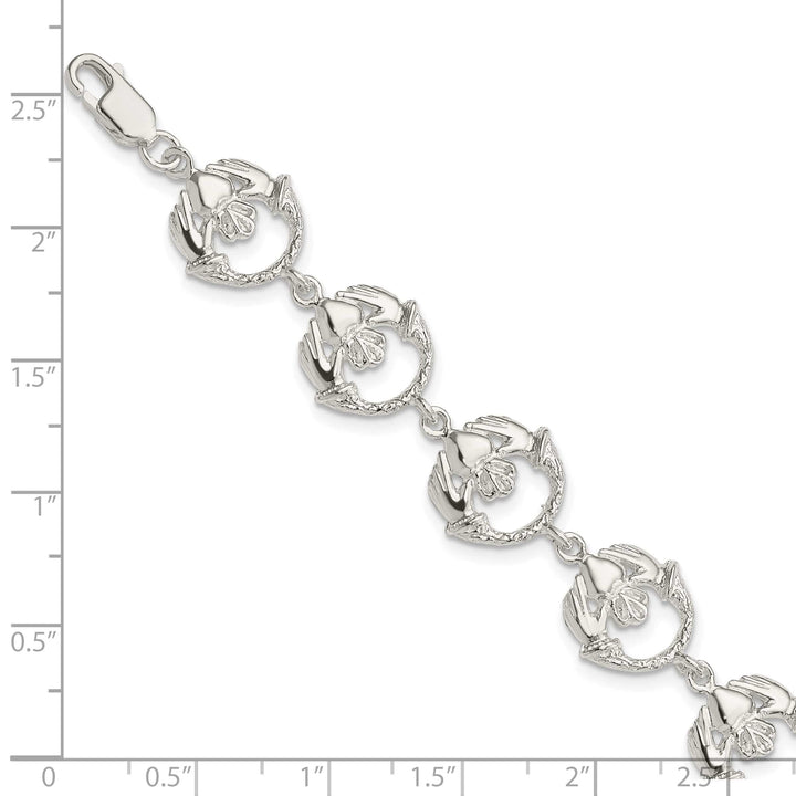 Sterling Silver and Textured Claddagh Link Bracelet 7 Inch