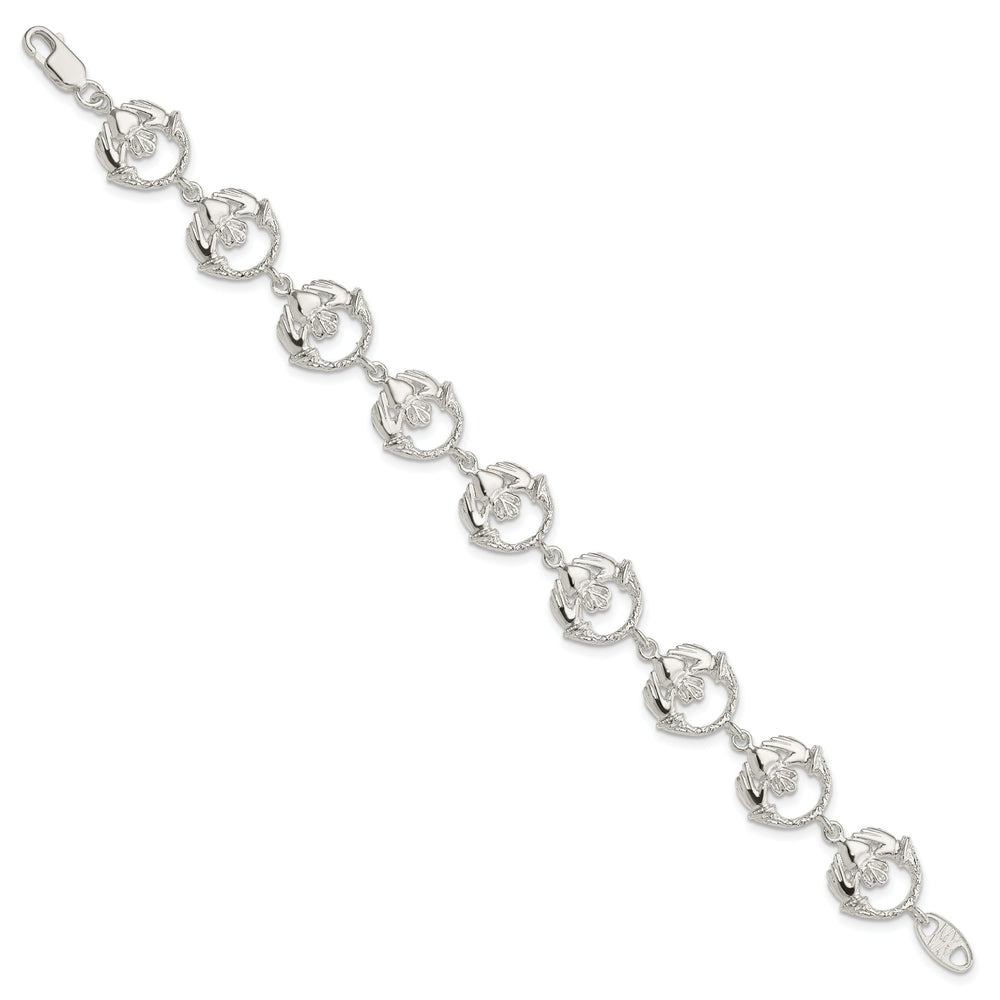 Sterling Silver and Textured Claddagh Link Bracelet 7 Inch