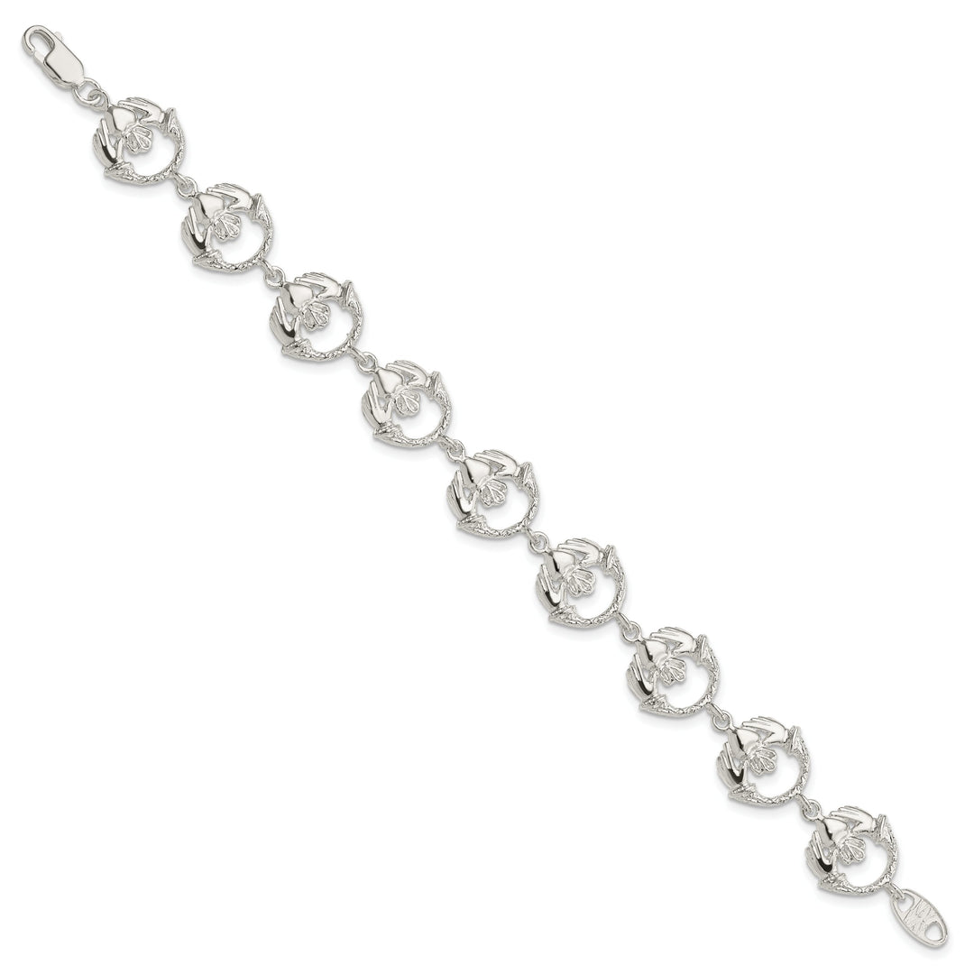 Sterling Silver and Textured Claddagh Link Bracelet 7 Inch