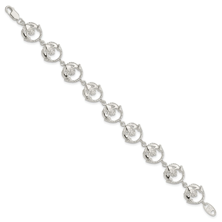 Sterling Silver and Textured Claddagh Link Bracelet 7 Inch
