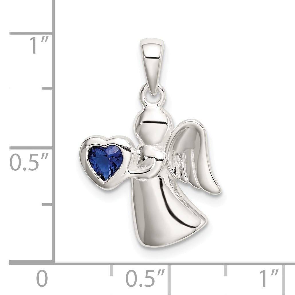 Sterling Silver Angel with Dark Blue CZ Heart Pendant