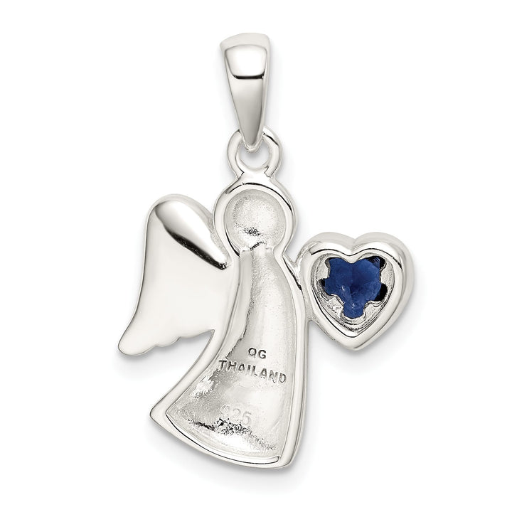 Sterling Silver Angel with Dark Blue CZ Heart Pendant