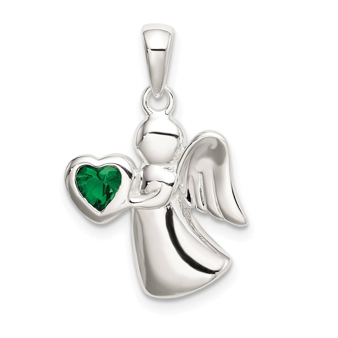 Sterling Silver Angel with Dark Green CZ Heart Pendant