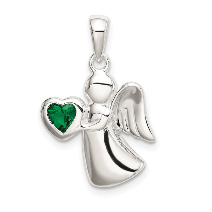 Sterling Silver Angel with Dark Green CZ Heart Pendant