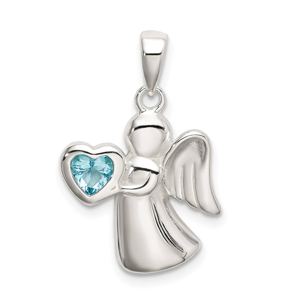 Sterling Silver Angel with Light Blue CZ Heart Pendant