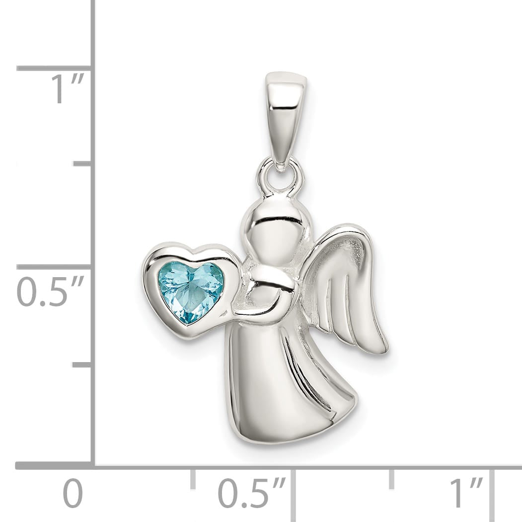 Sterling Silver Angel with Light Blue CZ Heart Pendant