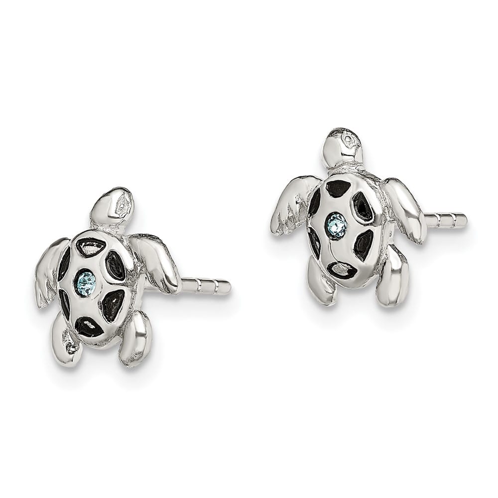 Sterling Silver Antiqued Aqua Crystal Turtle Post Earrings, view 2 of 4