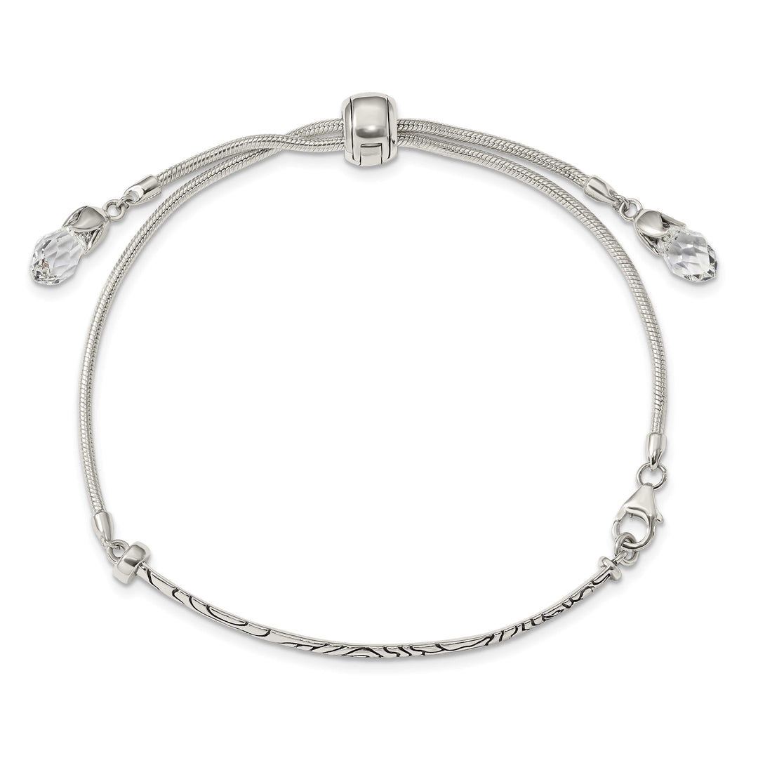 Sterling Silver Antiqued Clear Crystal Adjustable Bolo Bracelet