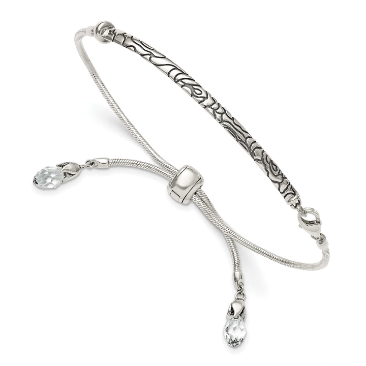 Sterling Silver Antiqued Clear Crystal Adjustable Bolo Bracelet