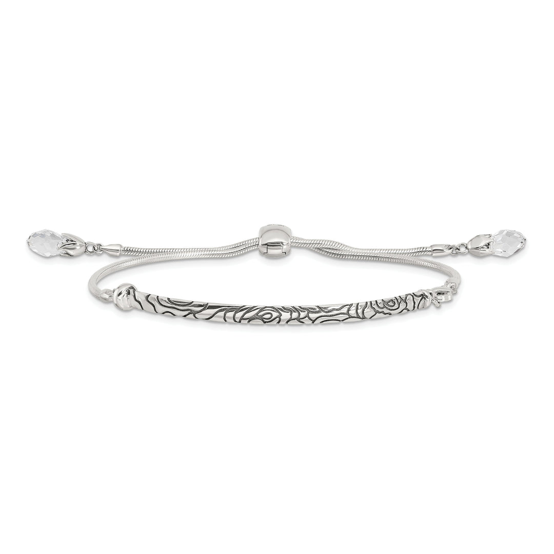 Sterling Silver Antiqued Clear Crystal Adjustable Bolo Bracelet