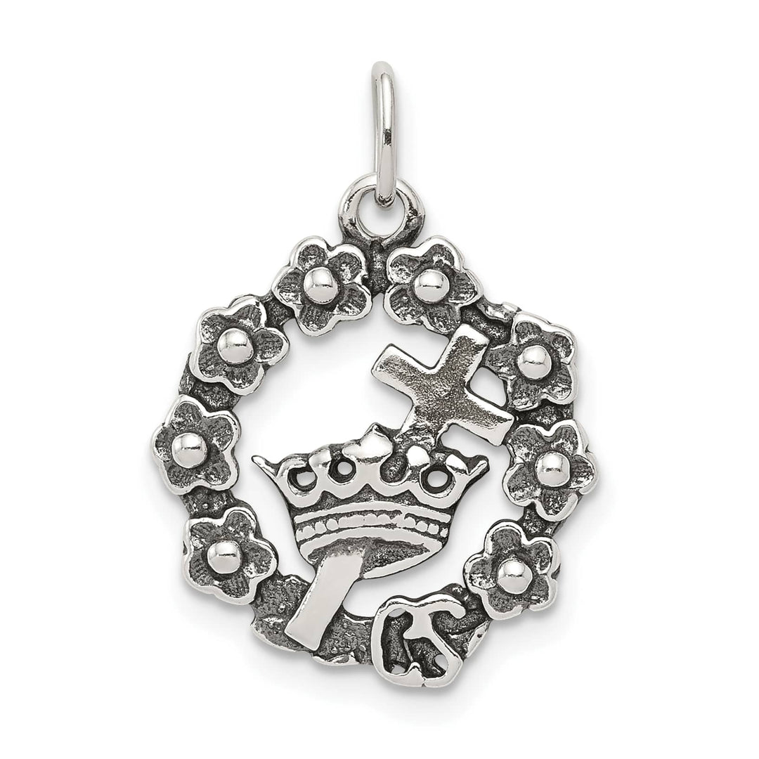 Sterling Silver Antiqued Cross, Crown and Wreath Charm
