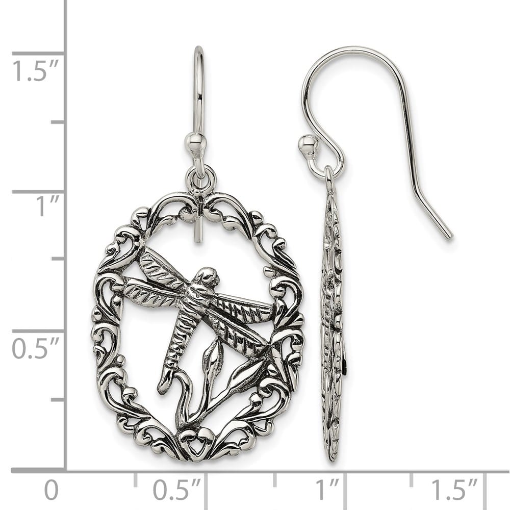 Sterling Silver Antiqued Dragonfly Dangle Shepherds Hook Earrings, view 4 of 4