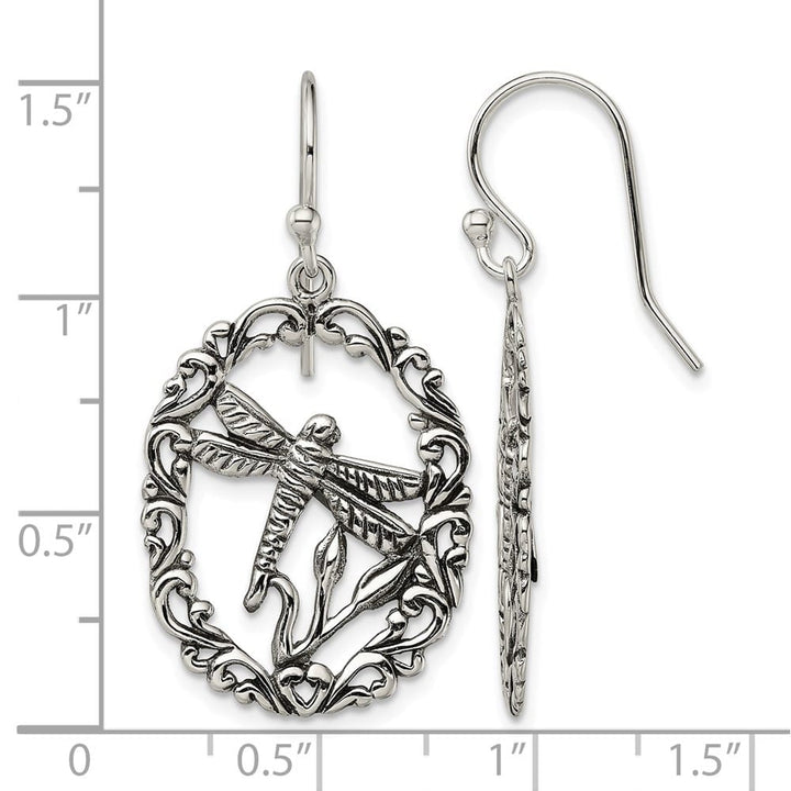 Sterling Silver Antiqued Dragonfly Dangle Shepherds Hook Earrings, view 4 of 4