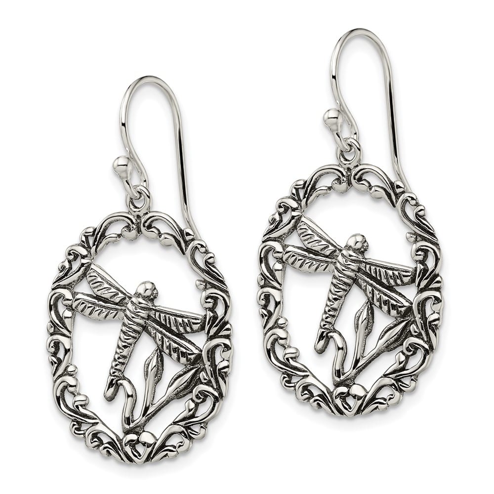 Sterling Silver Antiqued Dragonfly Dangle Shepherds Hook Earrings, view 2 of 4